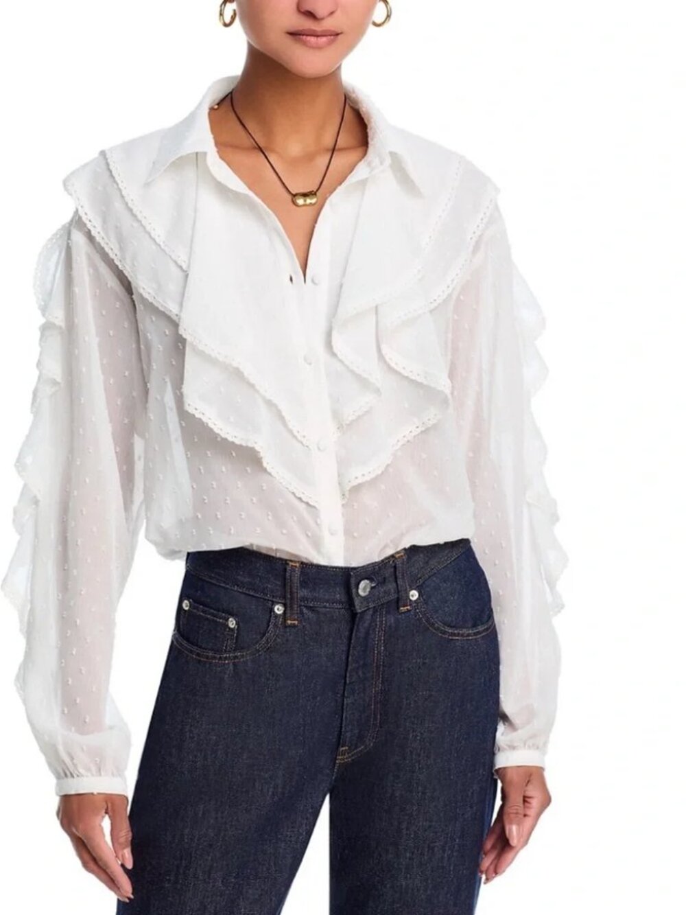 NWT Aqua White Ruffled Swiss Dot Long Sleeve Collared Blouse Womens XS